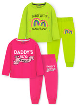 Trampoline Cotton Blend Knit Pack of 2 Full Sleeves Daddy Little Princess & Rainbow Printed T-shirt and Pyjama Set - Green & Pink