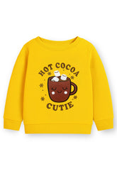 Trampoline Fleece Knit Full Sleeves Winter Sweatshirt with Cute Embroidered Hot Cocoa Cutie Patch - Yellow