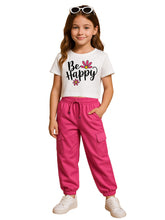 Trampoline Knit Be Happy Print Cotton Blend Crop Top & Solid Cotton Terry Loop Cargo Jogger Set – White & Pink