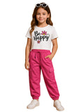 Girls Be Happy Print Crop Top & Cargo Jogger Set – White & Pink | Trampoline Kids