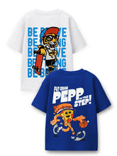 Trampoline Cotton Knit Pack Of 2 Half Sleeves Oversized T-Shirts With Bold Graphic Prints & Drop Shoulder - Blue & White