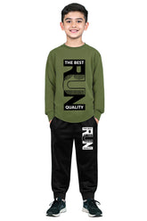 Trampoline Cotton Blend Knit Full Sleeves Text Printed Tee With Jogger Set - Green & Black
