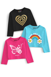 Trampoline Cotton Blend Pack Of 3 Full Sleeves Butterfly & Heart Printed Crop Tops - Multi Colour