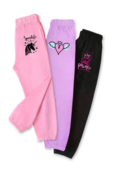 Trampoline Cotton Blend Pack Of 3 Heart & Unicorn Printed Track Pant With Pocket - Purple Black & Pink