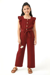Trampoline Girls Maroon Cotton Slub Ruffle Sleeve Jumpsuit with Belt & Square Neck
