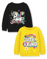 Trampoline Fleece Knit Full Sleeves Unicorn & Cute & Kind Printed Winter Sweatshirt Pack Of 2 - Black Yellow
