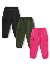 Trampoline Cotton Blend Knit Pack Of 3 Solid Cargo Joggers - Black Pink & Green