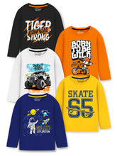 Trampoline Cotton Blend Knit Pack Of 5 Full Sleeves Typography Printed Tees - Multi Colour