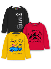 Trampoline Cotton Blend Knit Pack Of 3 Full Sleeves Adventure Printed Tees - Multi Colour