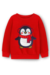 Trampoline Fleece Full Sleeves Penguin Patch Embroidered Sweatshirt - Red