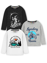 Trampoline Cotton Blend Knit Pack Of 3 Full Sleeves Bike & Space theme Printed Tees - Multi Colour