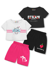 Trampoline Cotton Blend Knit Pack Of 2 Half Sleeves Strawberry & Little Girl Text Printed Crop Tops & Shorts Set - Multi Colour