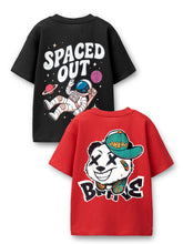 Trampoline Cotton Knit Pack Of 2 Half Sleeves Oversized T-Shirts With Bold Graphic Prints & Drop Shoulder - Red & Black