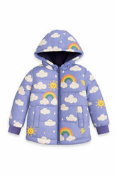 Trampoline Woven Full Sleeves All Over Rainbow & Cloud Printed Puffer Winter Jacket With 2 Front Pockets - Multi Colour