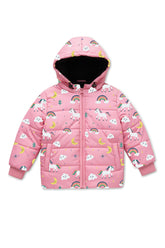 Trampoline Knit Full Sleeves All Over Unicorn Printed Puffer Winter Jacket With 2 Front Pockets - Pink