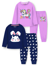 Trampoline Cotton Blend Knit Pack of 2 Full Sleeves Unicorn Printed T-shirt and Pyjama Set - Green & Pink