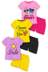 Trampoline Cotton Blend Knit Pack Of 3 Half Sleeves Smile, Bee & Ice Cream Printed T-Shirt & Shorts Set - Multi Color