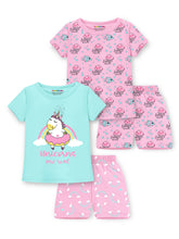 Trampoline Cotton Blend Knit Pack of 2 Half Sleeves Unicorn & Ocean Printed T-shirt & Shorts Set - Multi Color