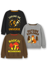 Trampoline Fleece Knit Pack Of 3 Full Sleeves Space Theme Printed Winter Sweatshirt - Multi Colour