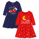 Trampoline Cotton Blend Knit Pack Of 2 Three Fourth Sleeves Princess & Strawberry Printed Dress - Red & Blue