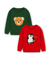 Trampoline Cotton Blend Knit Pack Of 2 Full Sleeves Bear & Penguin Patch Work Printed Tees - Green & Red