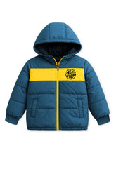 Trampoline Knit Full Sleeves Colorblock Puffer Winter Jacket With 2 Front Pockets - Blue & Yellow