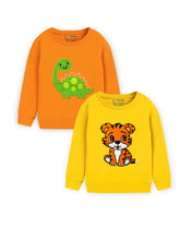 Trampoline Cotton Blend Knit Pack Of 2 Full Sleeves Dinosaur & Tiger Patch Work Printed Tees - Yellow & Orange