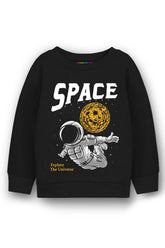 Trampoline Fleece Knit Full Sleeves Space Theme Printed Winter Sweatshirt - Black
