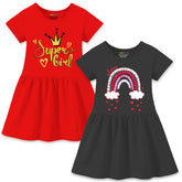 Trampoline Girls Midi Dress Combo | Half Sleeve Cotton Blend Dresses with Fun Prints | Soft & Stylish Everyday Outfits for Kids | Pack of 2