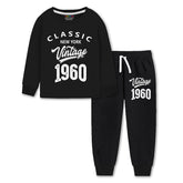 Trampoline Cotton Blend Knit Full Sleeves Classic Text Printed Tee With Coordinating Joggers Set - Black