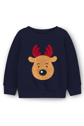 Trampoline Fleece Knit Christmas Theme Sweatshirt With Cute Embroidered Reindeer Patch - Navy Blue