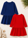 Trampoline Girls Cotton Blend Moon & Daisy Print A-Line Dress – Pack of 2 (Navy Blue & Red)