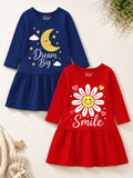 Trampoline Girls Cotton Blend Moon & Daisy Print A-Line Dress – Pack of 2 (Navy Blue & Red)