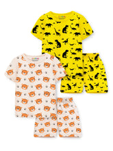 Trampoline Cotton Blend Knit Pack of 2 Half Sleeves Dinosaur & Tiger Printed T-shirt & Shorts Set - White & Yellow