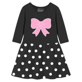 Trampoline Knit Three Fourth Sleeves Bow Printed Dress - Black