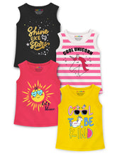 Trampoline Cotton Blend Pack Of 4 Sleeveless Unicorn & Lets Shine Printed T-Shirts- Multi Colour