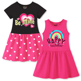 Trampoline Girls Midi Dress Combo | Half Sleeve Cotton Dresses with Fun Prints | Soft & Stylish Everyday Outfits for Kids | Pack of 2