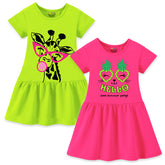 Trampoline Girls Midi Dress Combo | Half Sleeve Cotton Dresses with Fun Prints | Soft & Stylish Everyday Outfits for Kids | Pack of 2