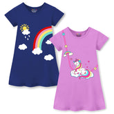 Trampoline Girls Midi Dress Combo | Half Sleeve Cotton Blend Dresses with Fun Prints | Soft & Stylish Everyday Outfits for Kids | Pack of 2