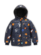 Trampoline Woven Full Sleeves All Over Space Printed Puffer Winter Jacket With 2 Front Pockets - Blue