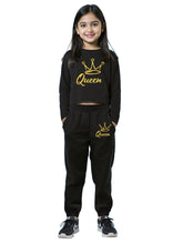 Trampoline Cotton Blend Knit Full Sleeves Queen Text Printed Crop Top & Coordinating Joggers Set - Black