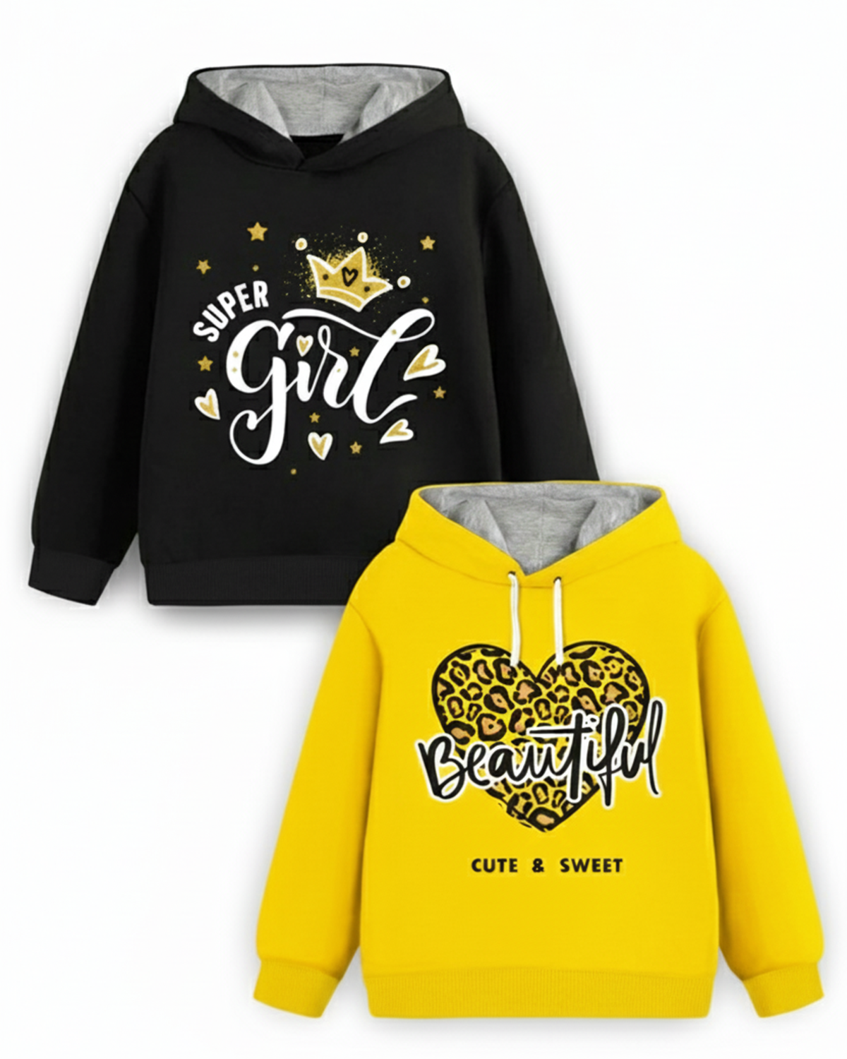 Trampoline Fleece Knit Full Sleeves Girl & Heart Printed Hooded Winter Sweatshirt Pack of 2 - Black Yellow