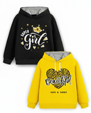 Trampoline Fleece Knit Full Sleeves Girl & Heart Printed Hooded Winter Sweatshirt Pack of 2 - Black Yellow