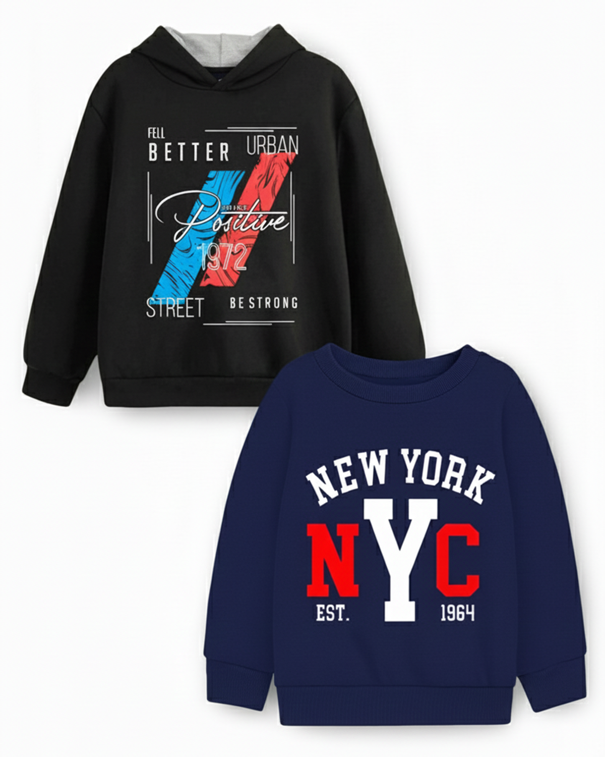 Trampoline Fleece Knit Full Sleeves Nyc New York Printed Winter Sweatshirt Pack Of 2 - Black Navy Blue