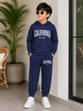 Trampoline Boys Cotton Blend California Print Hooded T-Shirt with Track Pants Set – Navy Blue