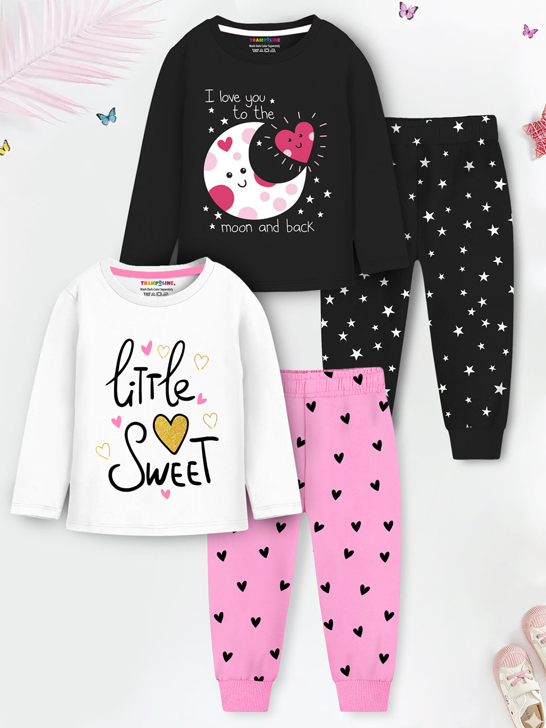 Trampoline Kids Girls Little Sweet Text & Moon T-Shirt & Pajama Set Pack of 2 - Multicolor