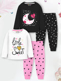 Trampoline Kids Girls Little Sweet Text & Moon T-Shirt & Pajama Set Pack of 2 - Multicolor