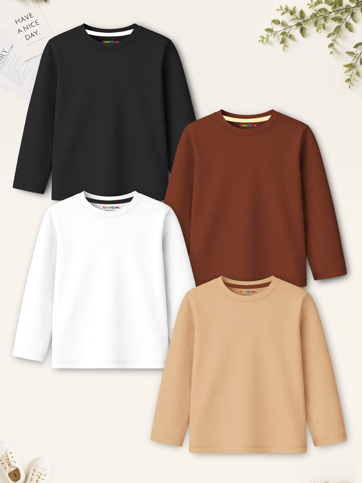 Trampoline Boys Cotton Blend Solid T-Shirts – Pack of 4 (Black, Brown, White & Tan)