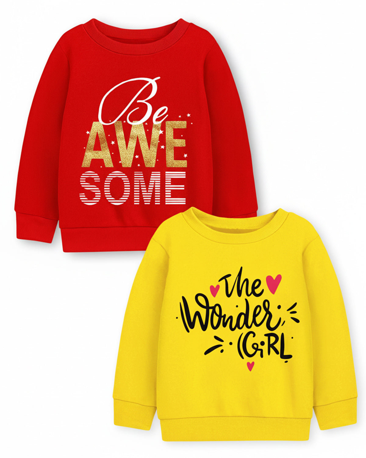 Trampoline Fleece Knit Full Sleeves Awesome & The Wonder Girl Printed Winter Sweatshirt Pack Of 2 - Red Yellow