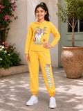 Trampoline Girls Cotton Blend Unicorn Print Hooded T-Shirt with Sweatpants Set – Yellow